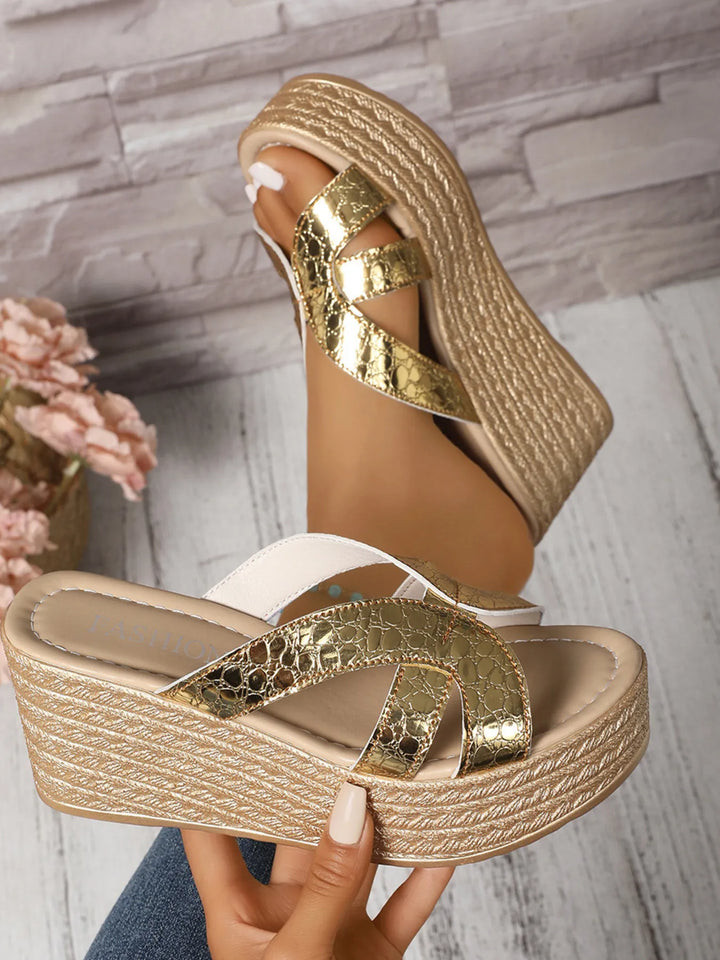 Chic women's sparkling platform wedge sandals. High heel design offers glamorous style & comfortable wear.