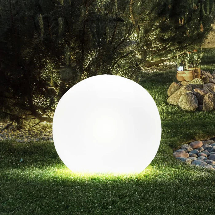 Portable rechargeable GlowSphere LED spherical light, weather-resistant for flexible outdoor lighting.