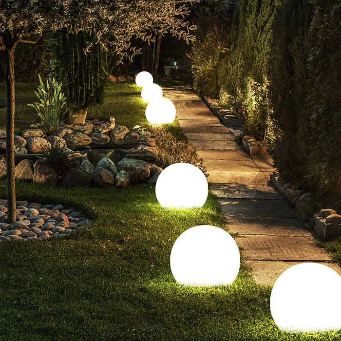 Weather-resistant GlowSphere LED garden light, color changing, perfect for vibrant patio decor.