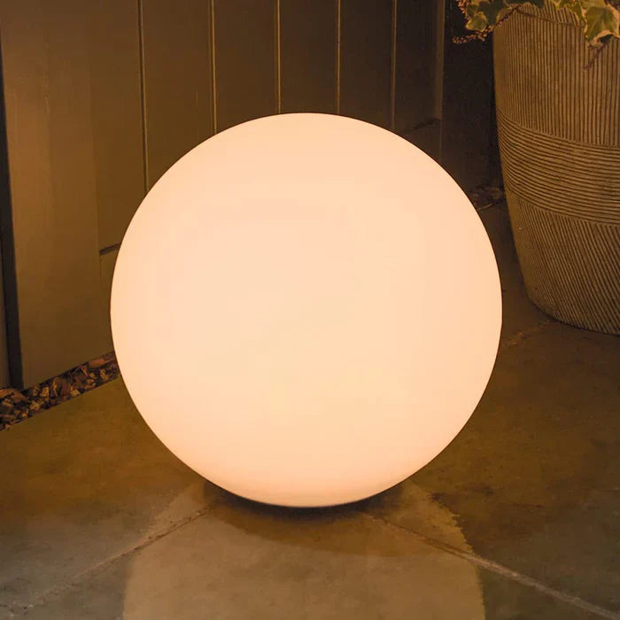 Rechargeable GlowSphere LED garden light, weather-resistant & color changing, ideal for outdoor spaces.