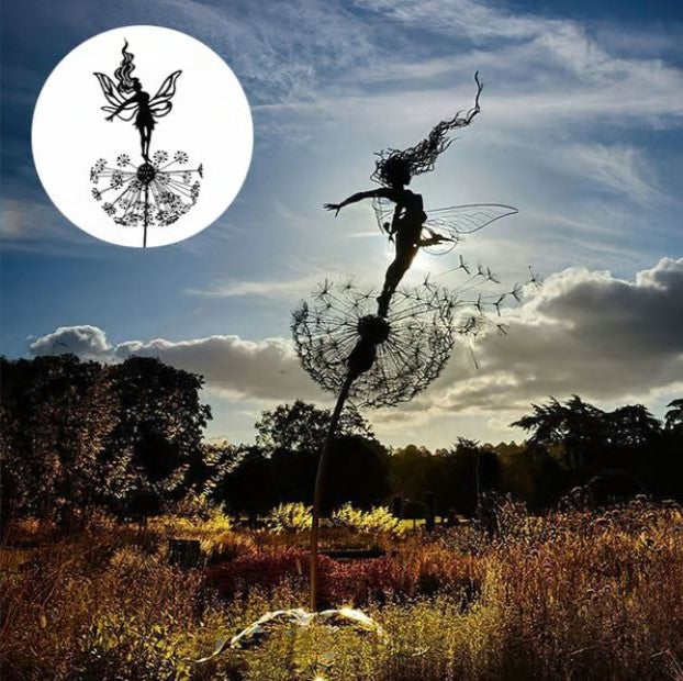 Graceful steel sculpture of a fairy playing on a dandelion enhances garden charm. Outdoor decorative art. Weather-resistant.