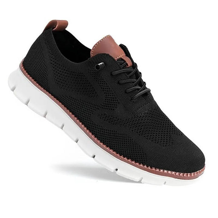 "Gray knit men's shoes, ultra-comfortable, lightweight, durable, adaptable style for business and casual wear."