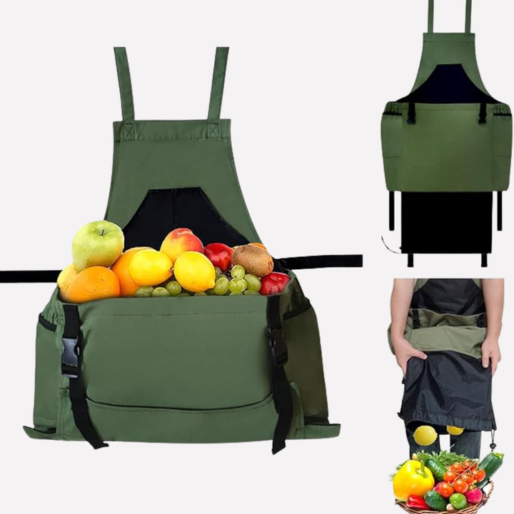Green canvas unisex gardening apron with multiple pockets for organized tools, ideal for yard care.