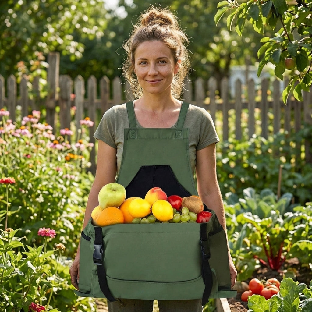 Adjustable utility apron, green canvas, for gardening, featuring tool pockets for easy organization.