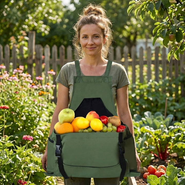 Adjustable utility apron, green canvas, for gardening, featuring tool pockets for easy organization.