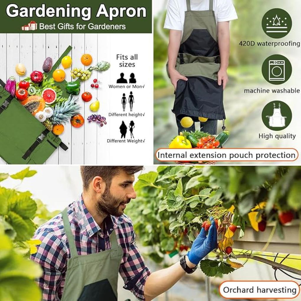 Unisex work apron, green canvas, designed for gardeners, keeps tools organized during outdoor tasks.