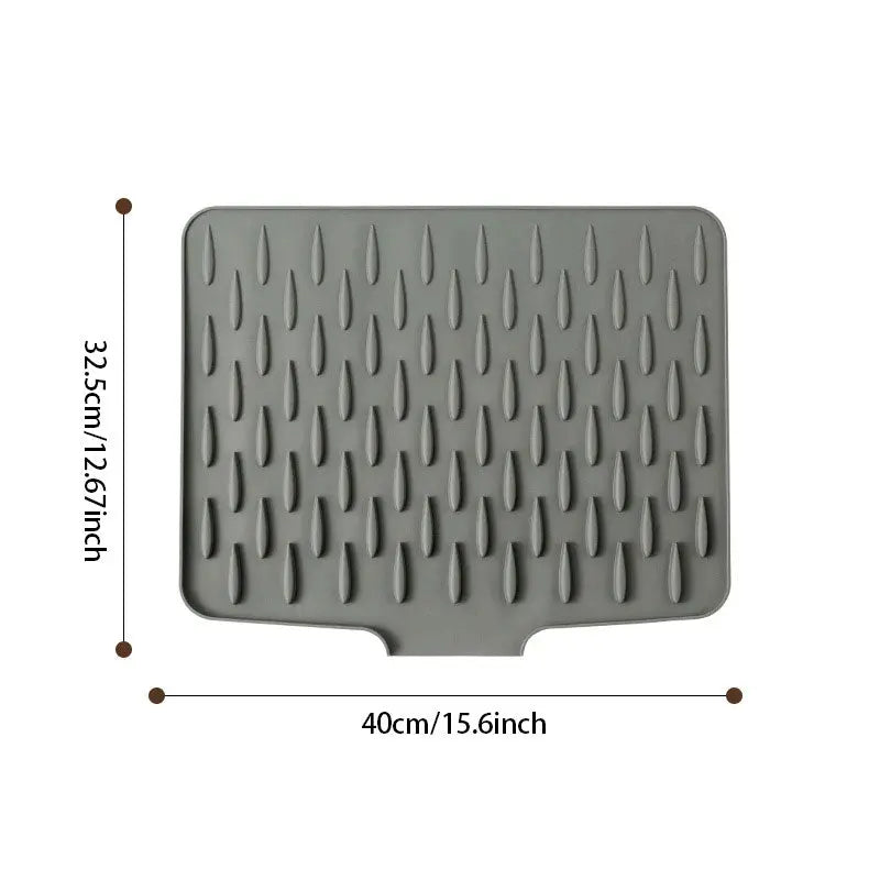 Large grey silicone drying mat for kitchen; a non-slip, heat-resistant dish mat & countertop organizer.