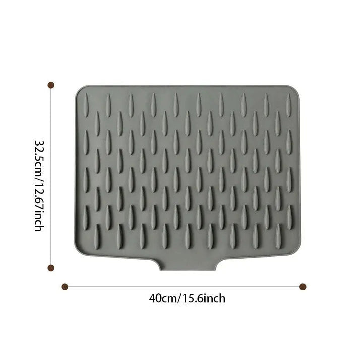 Large grey silicone drying mat for kitchen; a non-slip, heat-resistant dish mat & countertop organizer.