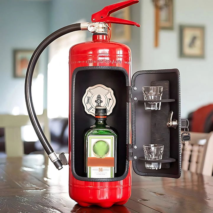 Handcrafted fire extinguisher mini bar, a unique industrial decor liquor cabinet and novelty gift for home bars.