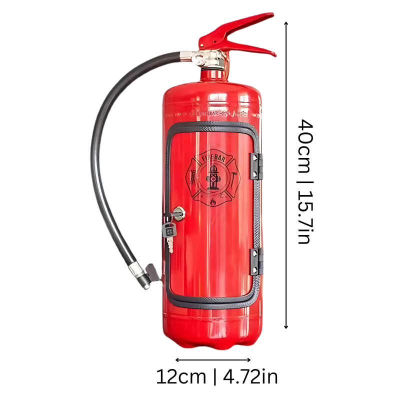 Unique fire extinguisher mini bar, perfect as an industrial home decor piece & novelty gift for liquor storage.