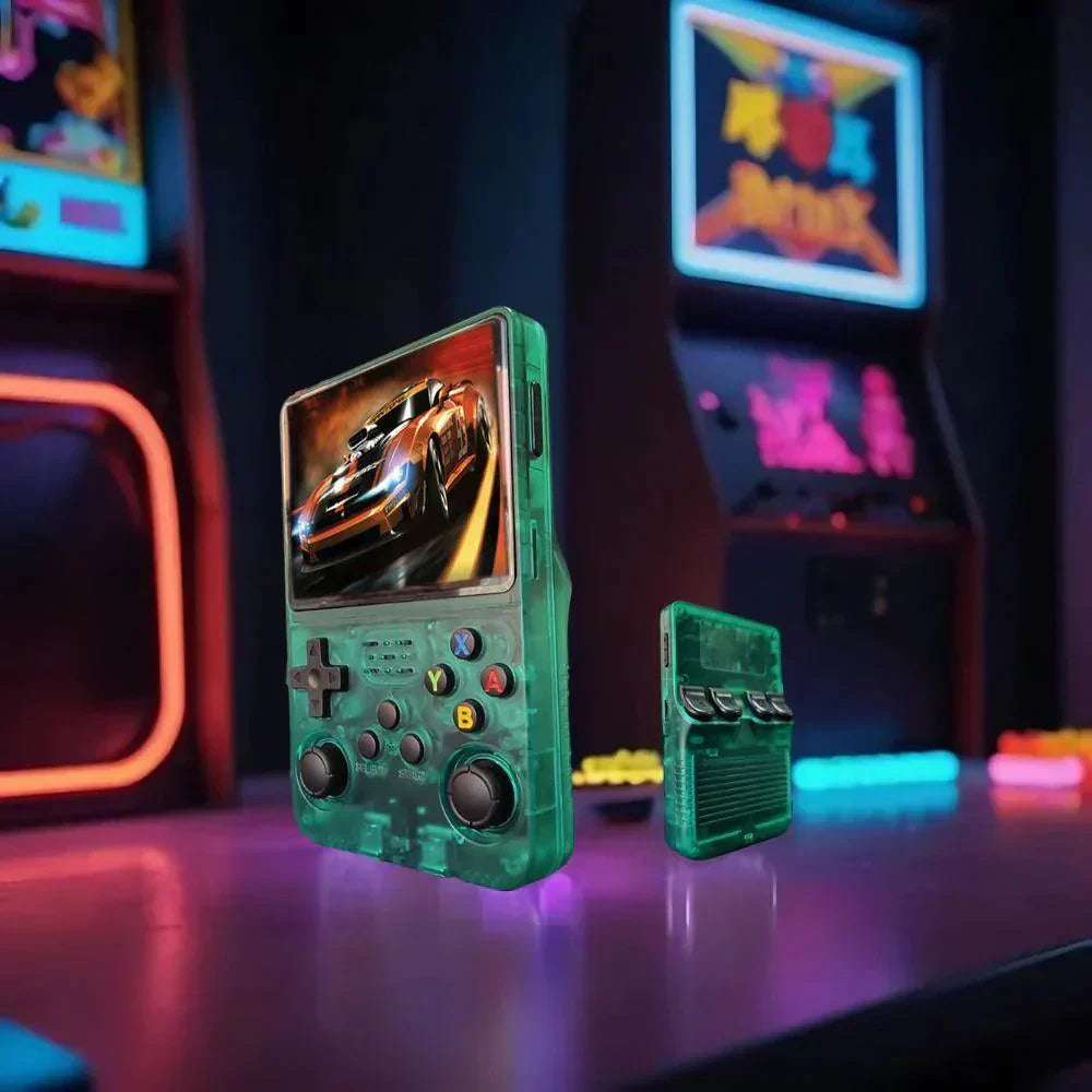 "Handheld gaming console with HD screen, USB charging, compact design, ergonomic controls, and retro aesthetics."