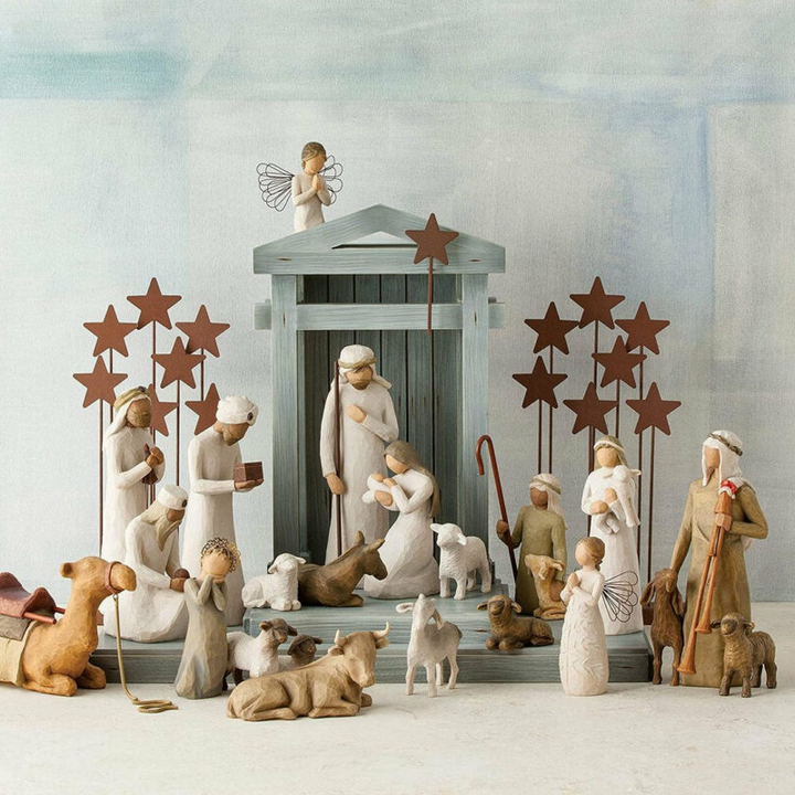 Handmade 20-piece wooden nativity set, rustic Christian Christmas decor, perfect for holiday home display.