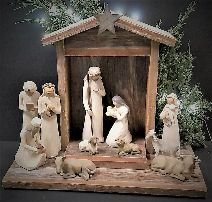 Rustic handmade wooden nativity set (20 pieces), ideal for Christian holiday home decor & Christmas gifts.