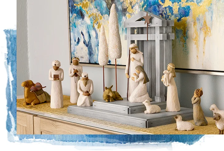 Detailed 20-piece handmade wooden nativity scene, rustic Christmas home decor, perfect for religious holidays.