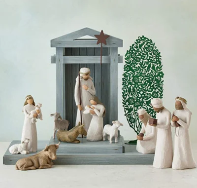 Artisan handmade 20-piece wooden nativity set, rustic Christian Christmas decor, elegant holiday display.
