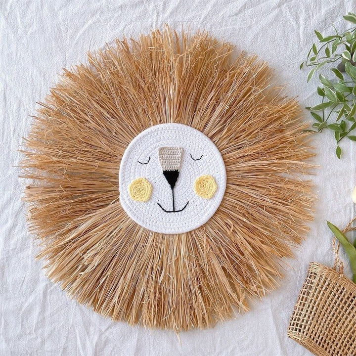 Handmade rattan lion wall decor. Perfect animal wall art for a unisex nursery or kids' room.
