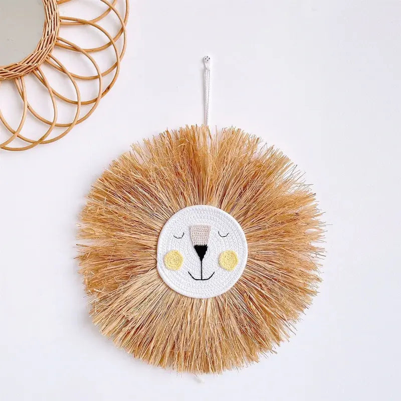 Charming rattan bear wall decor, handmade for a baby room. Boho animal wall art for children's spaces.