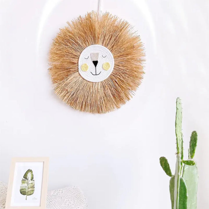 Unique rattan lion wall art, handmade & natural. Ideal animal decor for nursery or modern kids' rooms.