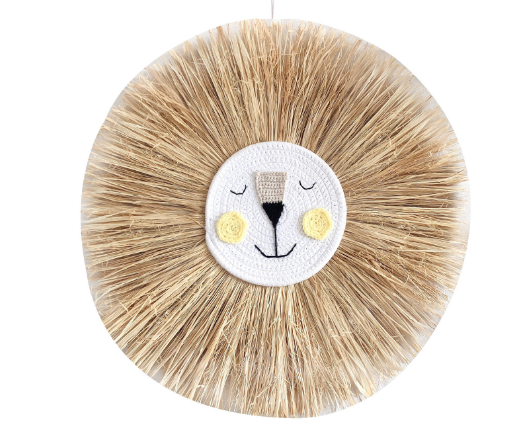 Artistic rattan animal wall hanging, a handmade lion for kids' room decor or baby nursery.