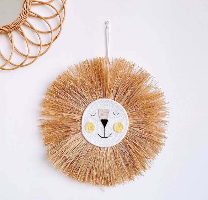 Boho rattan bear wall decor, handcrafted for nursery & kids' room. Adorable animal wall art.