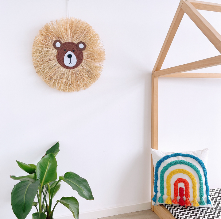 Chic rattan bear wall decor, a handmade animal statement piece for kids' room & nursery wall.