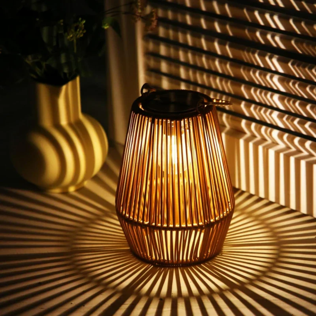 Handwoven solar garden lantern, waterproof outdoor light for patios & landscape decor.