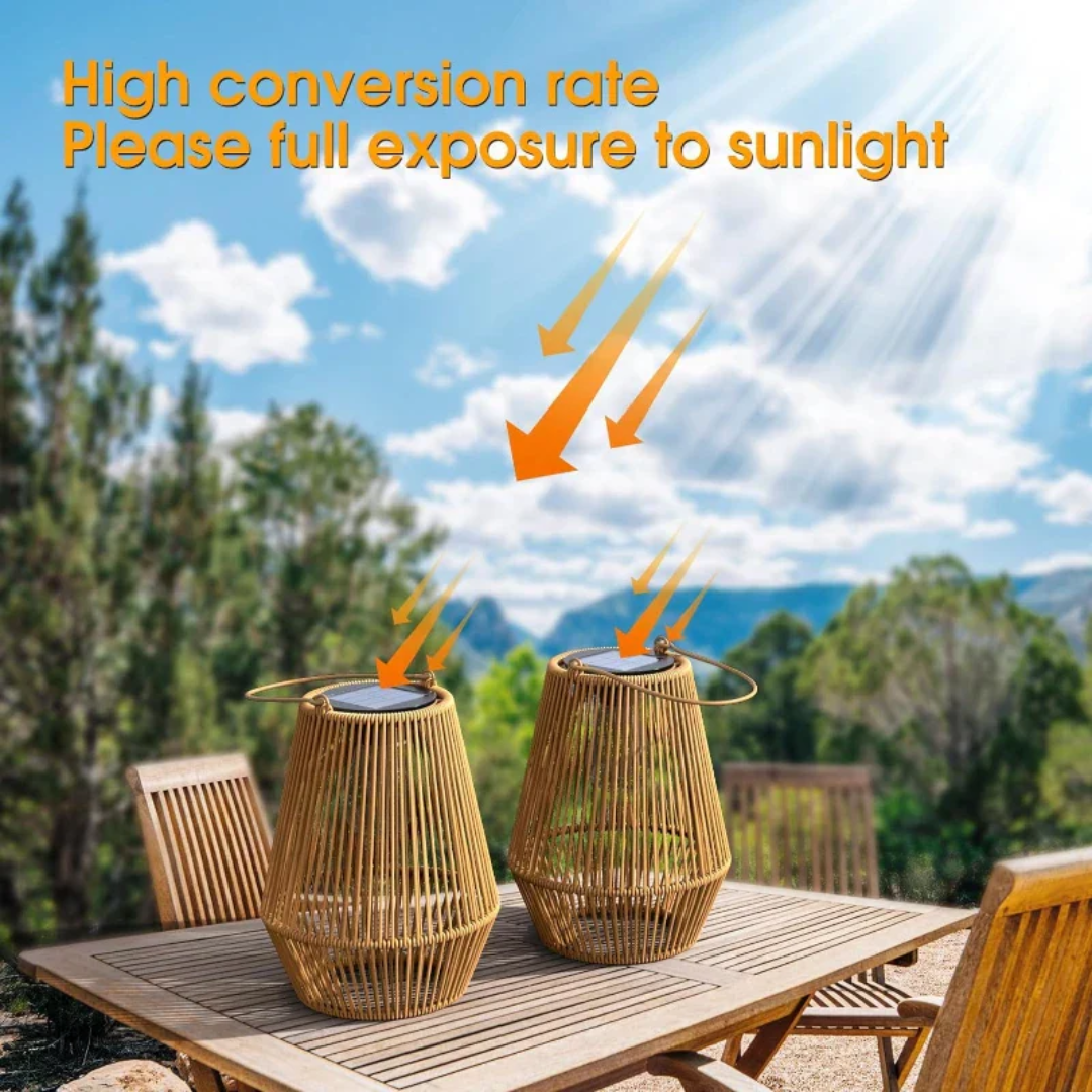 Eco-friendly rattan handwoven solar lantern, waterproof for garden & patio lighting.