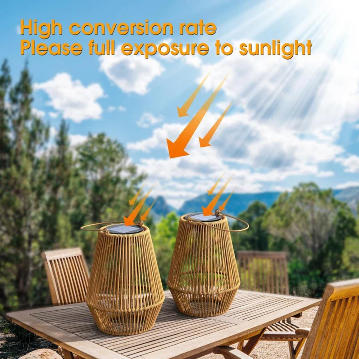 Eco-friendly rattan handwoven solar lantern, waterproof for garden & patio lighting.