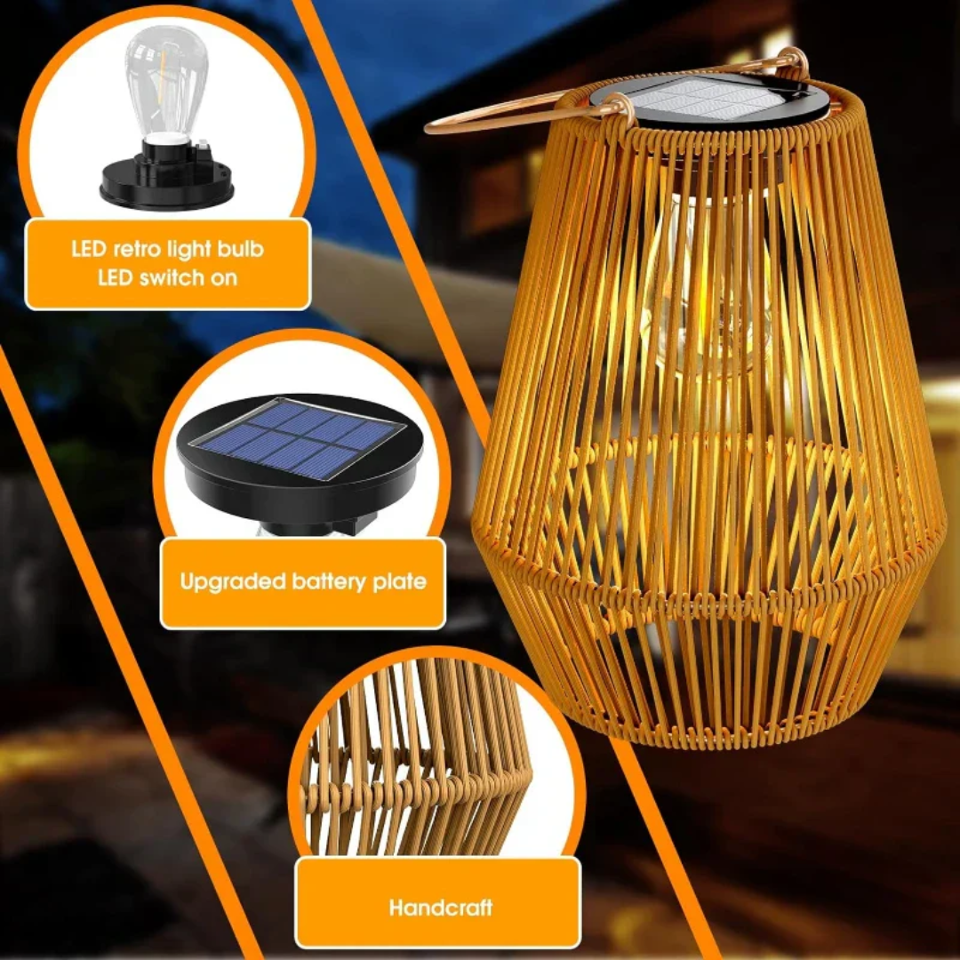 Waterproof outdoor solar garden lamp, ideal handwoven landscape light for evening decor.