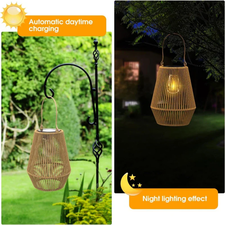 SunWeave handwoven solar garden lantern, waterproof patio light for stylish outdoor decor.