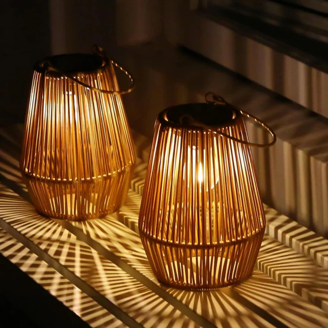 Decorative handwoven solar garden lamp, waterproof, eco-friendly rattan light for outdoor spaces.