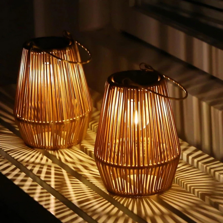 Decorative handwoven solar garden lamp, waterproof, eco-friendly rattan light for outdoor spaces.