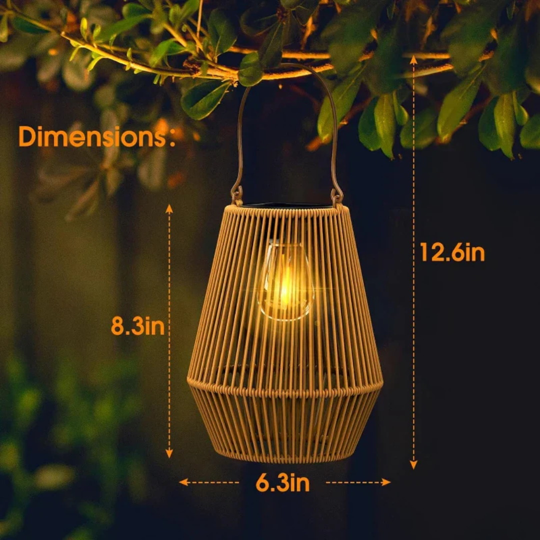 Waterproof handwoven solar garden light, eco-friendly outdoor decor, rattan patio lantern.