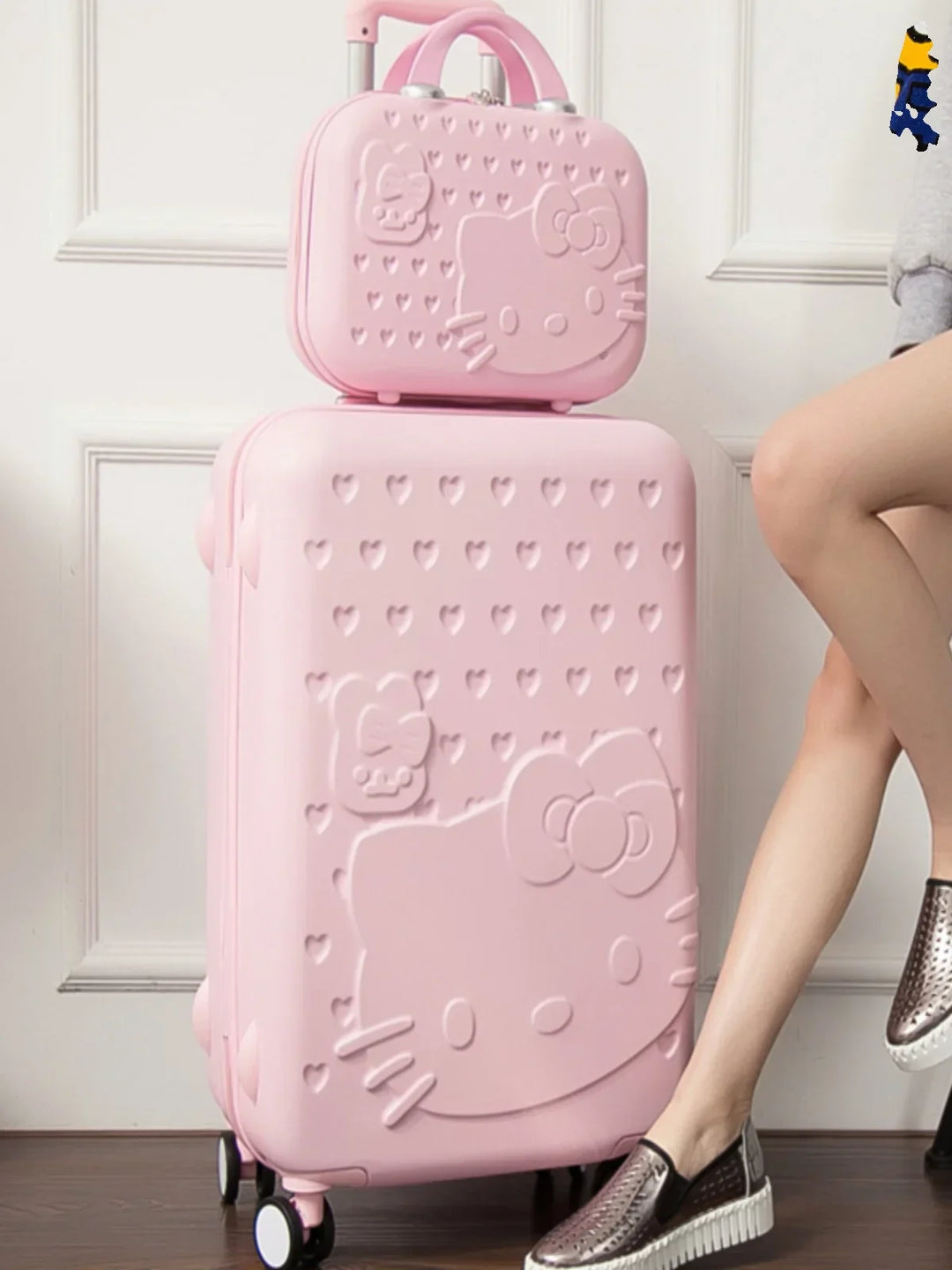 Hard shell luggage set with playful cat design. Durable spinner suitcases for adventure travel.