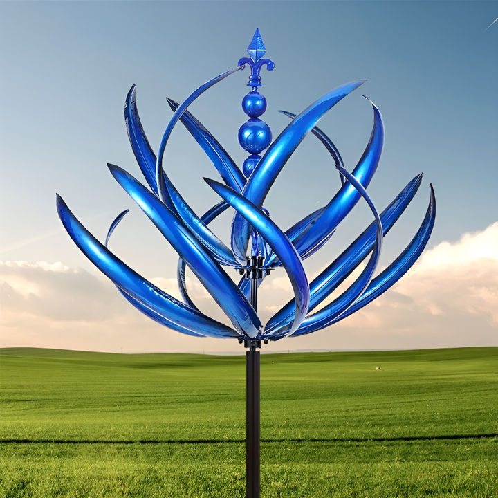 Decorative Harlow wind-powered metal spinner for yard ornament or patio accent, kinetic garden art.
