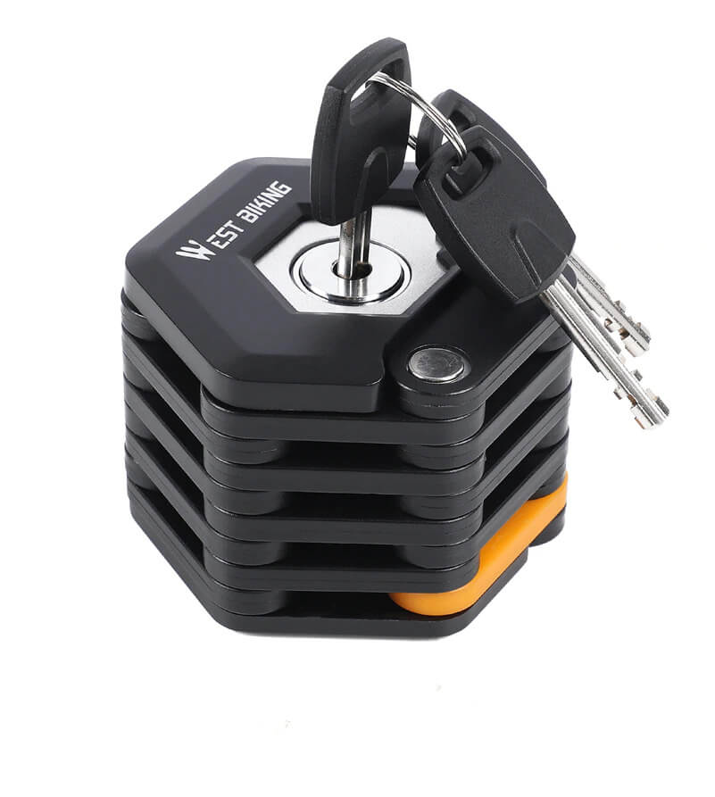 Heavy-duty folding bicycle lock, hardened steel for maximum anti-theft bike security.