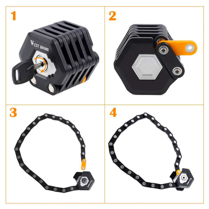Anti-theft folding bike lock. Durable hardened steel for bicycles, e-bikes, scooters.