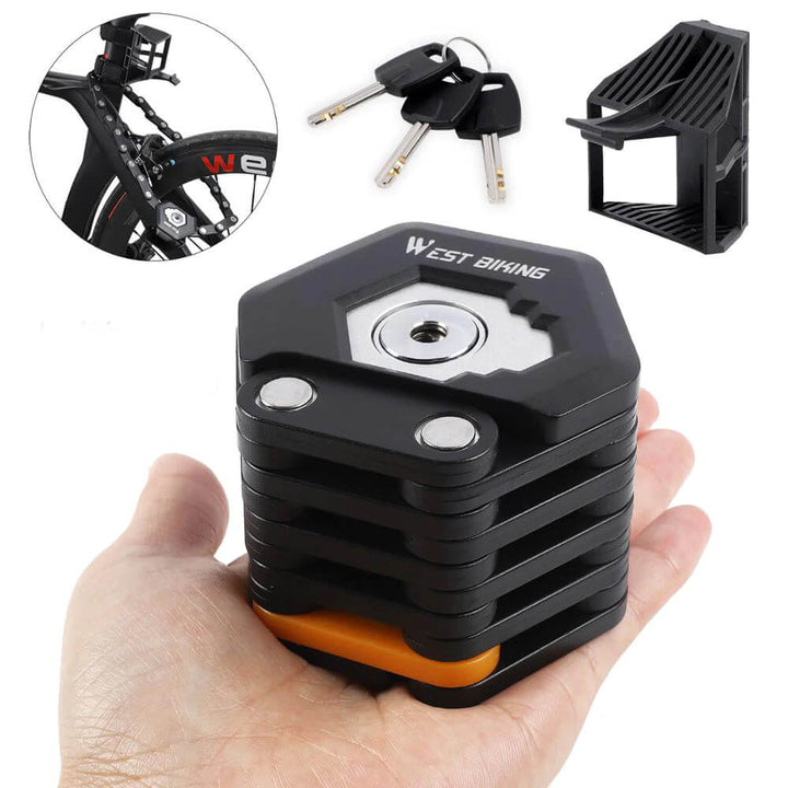 Robust anti-theft folding lock for bikes, e-bikes, and scooters. Premium hardened steel.