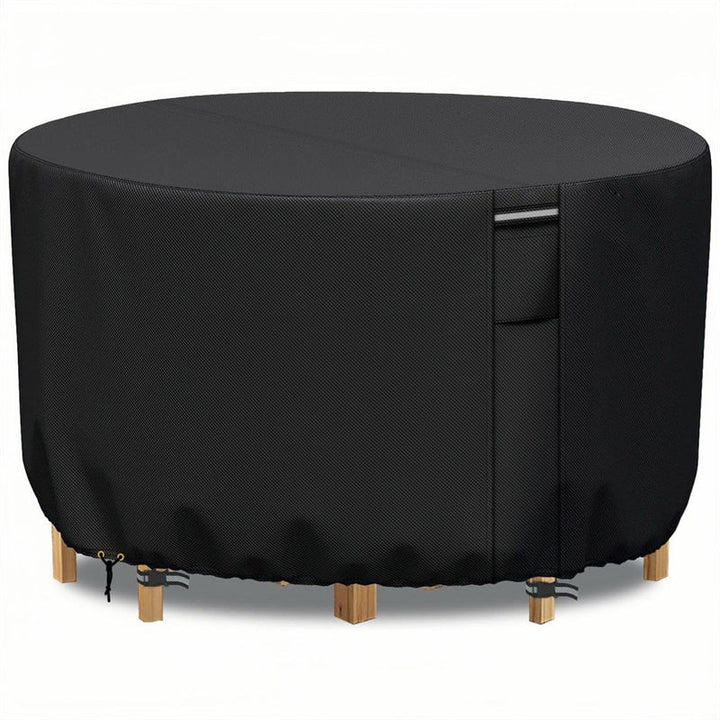 "Heavy-duty round outdoor furniture cover with air vent, waterproof 600D Oxford cloth, ideal for garden tables."
