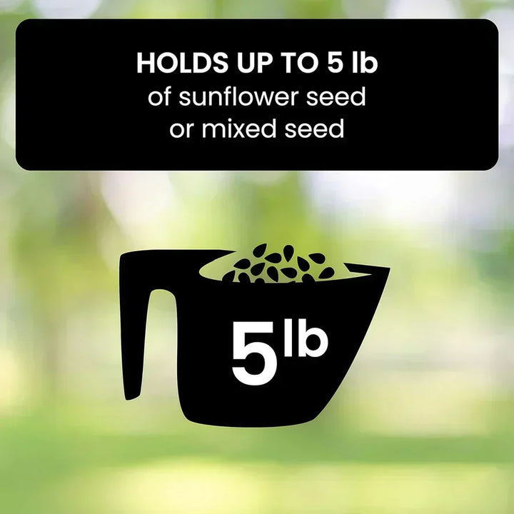"Heavy-duty squirrel-proof bird feeder with metal weather-resistant design and rotating perch in garden setting."