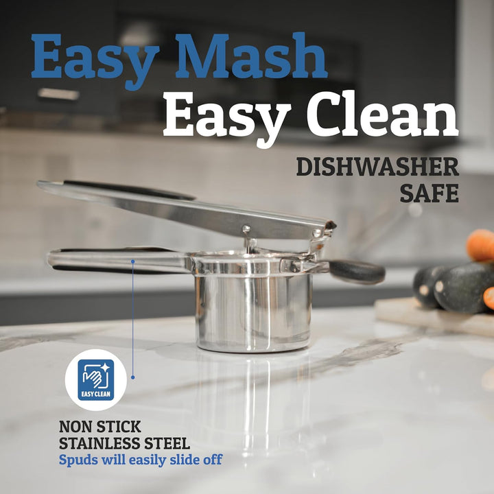 Polished stainless steel potato masher, hygienic and easy-to-clean for food prep.