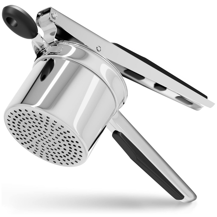 Durable stainless steel potato masher, an ideal kitchen utensil for smooth mashed potatoes and vegetable prep.