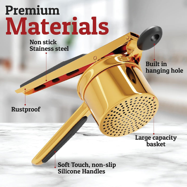 Premium stainless steel potato masher, ensures lump-free, fluffy mashed potatoes every time.