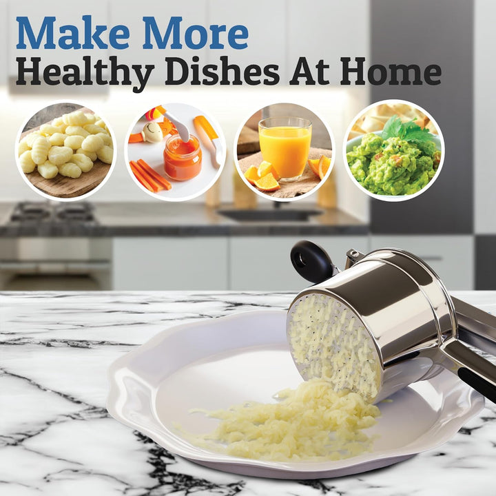 Strong stainless steel potato masher, ideal for making smooth, creamy mashed potatoes.