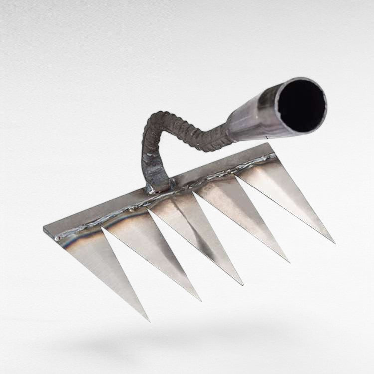 Heavy-duty steel garden rake with V-shaped tines for effortless weeding, featuring ergonomic design and durable construction.
