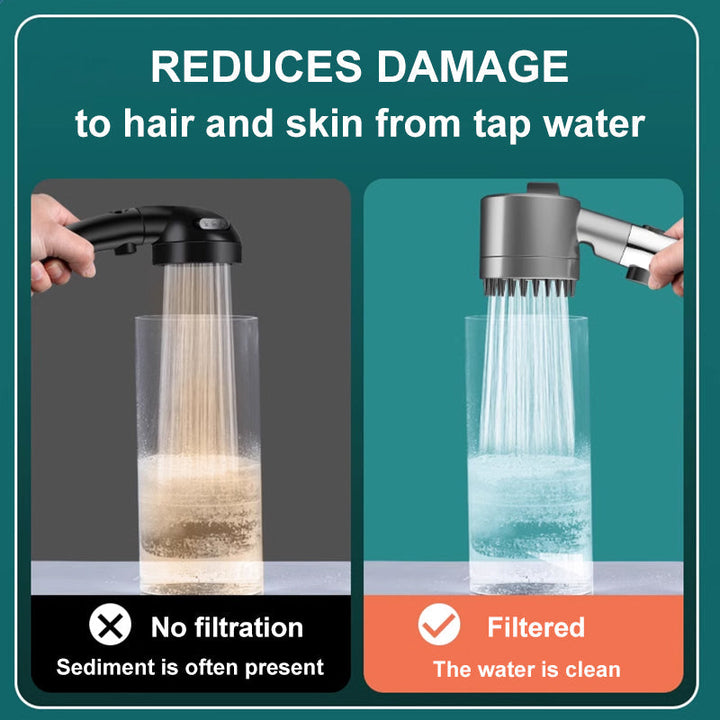 "High-pressure showerhead with enhanced filtration, sleek silver design, boosts water pressure, and fits standard shower hose