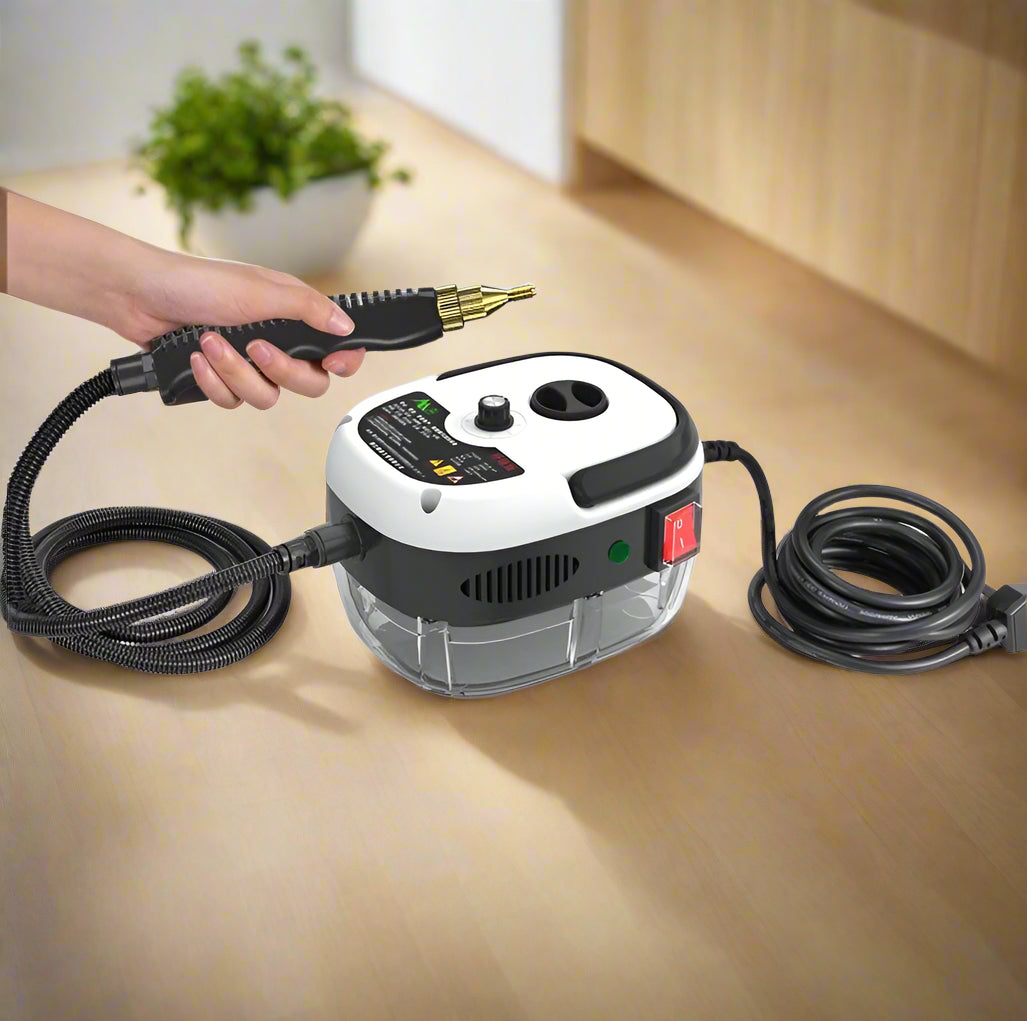 Red Home Steam Cleaner in use, demonstrating its cleaning power on a kitchen surface.