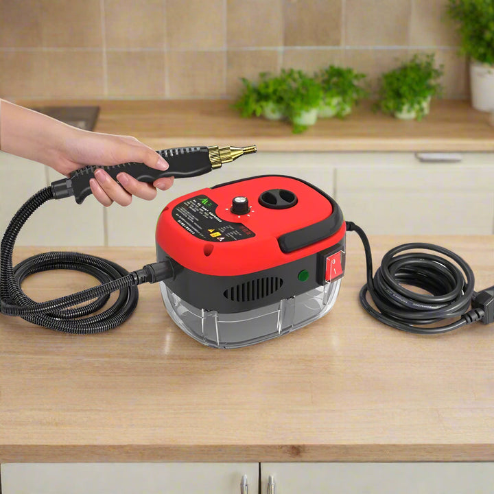 Steam cleaner reaching a difficult corner with its extended power cable and flexible hose.