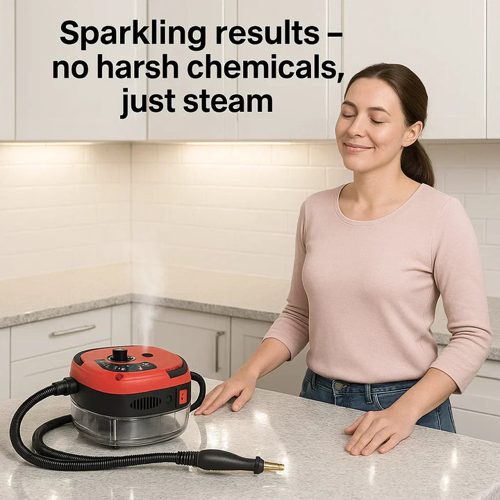 Red steam cleaner being used to clean a car interior, showcasing versatility.