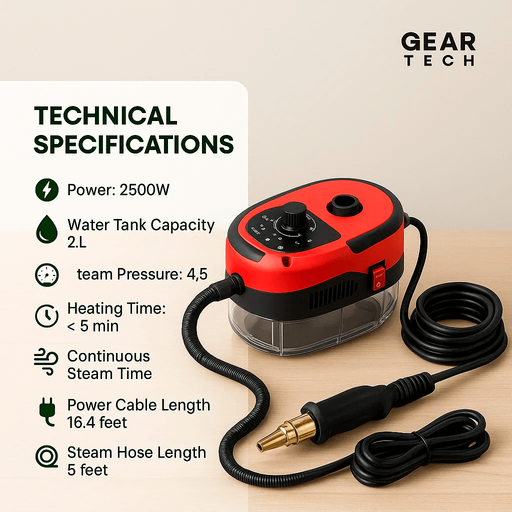 White steam cleaner shown from a side angle, highlighting its sleek design.